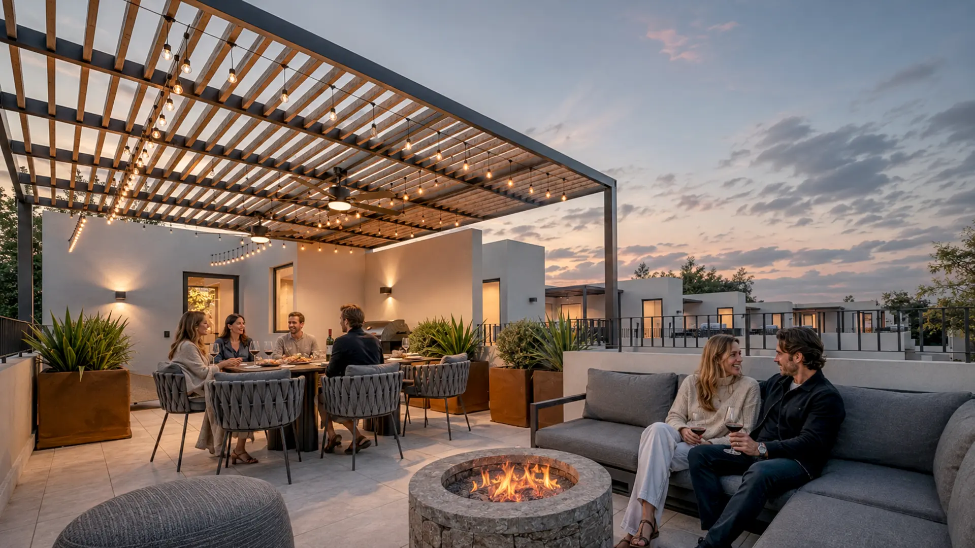 Terraza con fogata y pérgola iluminada en Nogalia, Parras